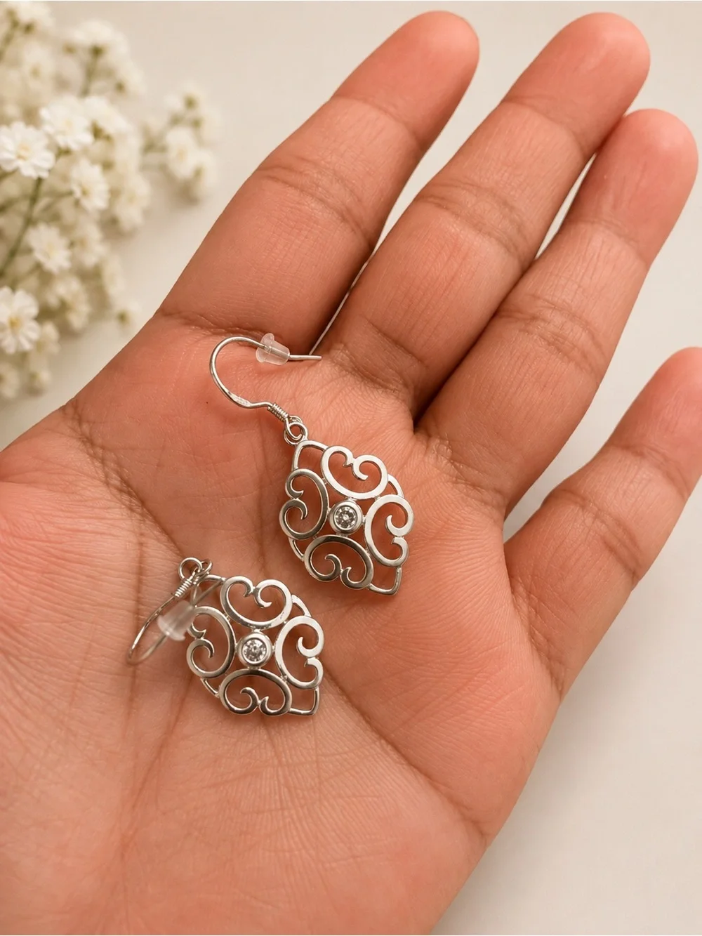 S925 Sterling Silver Filigree CZ Dangle Earrings